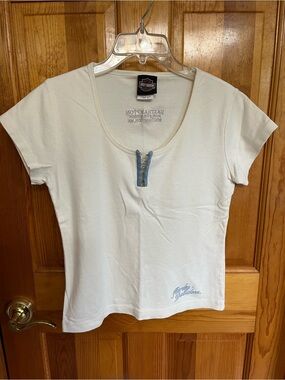 Harley-Davidson Women's White Short Sleeve Henley Tee with Blue Trim